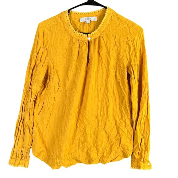 LOFT Womens Blouse Yellow Popcorn Keyhole Front Pleated Round Neck Small - Picture 1 of 12